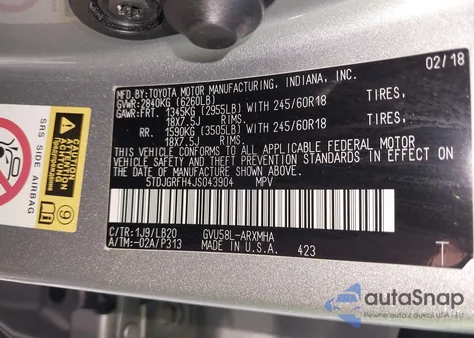 2018 Toyota Highlander Hybrid Xle from USA, damaged, VIN 5TDJGRFH4JS043904